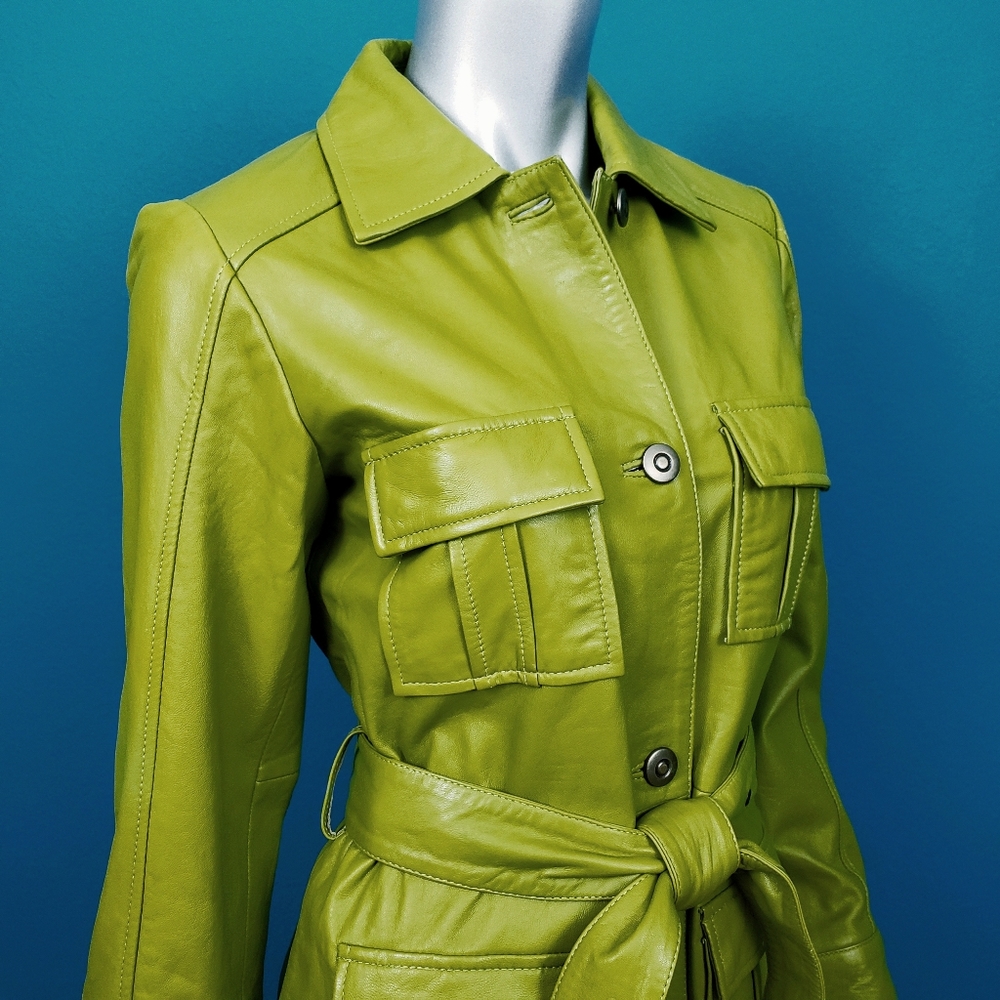 🆕️🌿🍀 MUUBAA Green Utility Tie Waist Leather Coat // (GENUINE LEATHER) //(NWT)